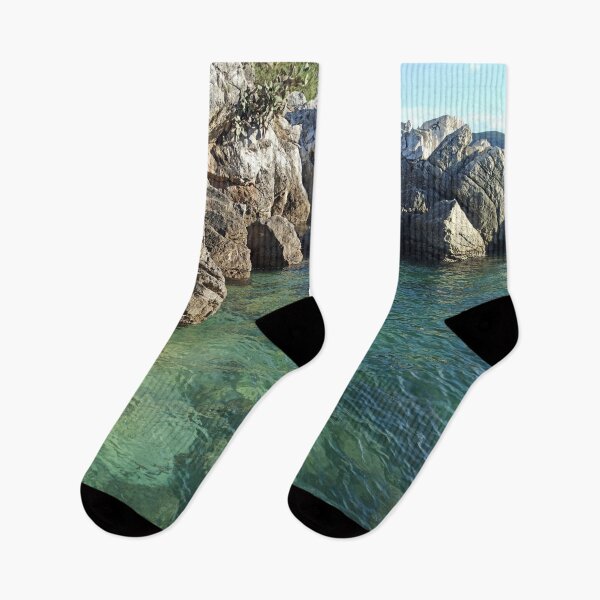 Item preview, huge stones cliff in the sea with cypresses and azure water blue sky nature of montenegro designed and sold by alinalenz.