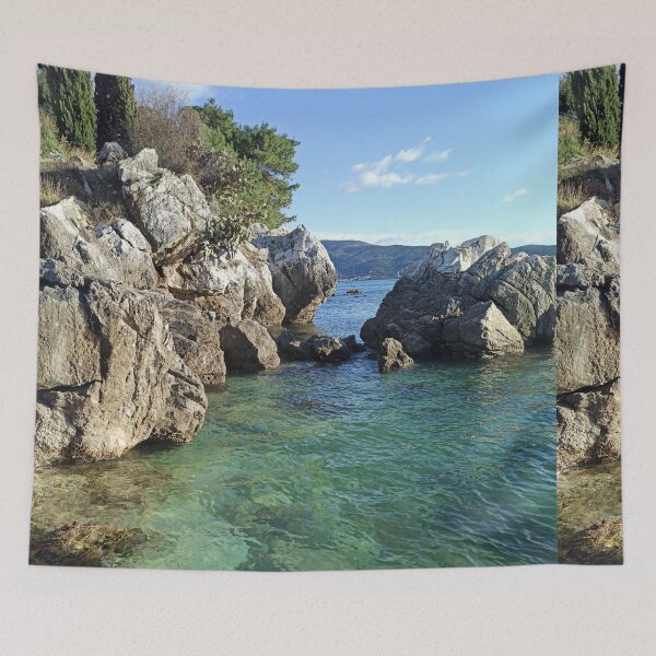 Item preview, huge stones cliff in the sea with cypresses and azure water blue sky nature of montenegro designed and sold by alinalenz.