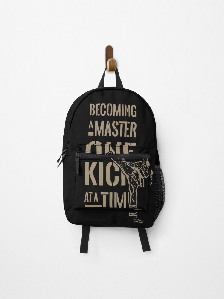 taekwondo kick, poomsae, korean martial arts with stencil font | Backpack