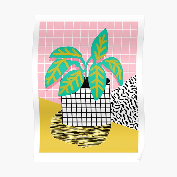 Get Real - potted plant throwback retro neon 1980s style art print minimal abstract grid lines shape Poster