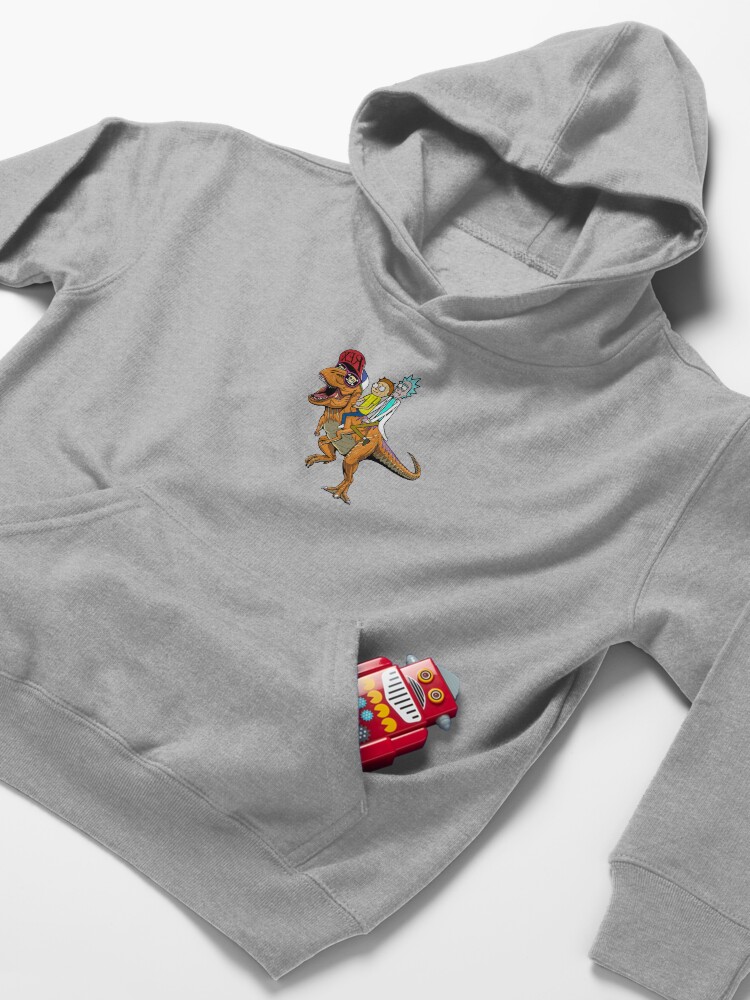 Alternate view of Rick and Morty Riding A dinosaur Kids Pullover Hoodie