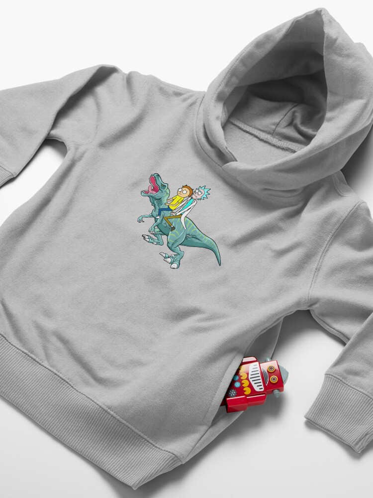 Alternate view of Rick and Morty Riding A dinosaur Toddler Pullover Hoodie