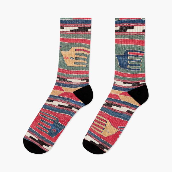Item preview, Southwestern Nomad II // 18th Century Colorful Red Blue Green Yellow Shapes and Bands Rug designed and sold by vintagepatterns.
