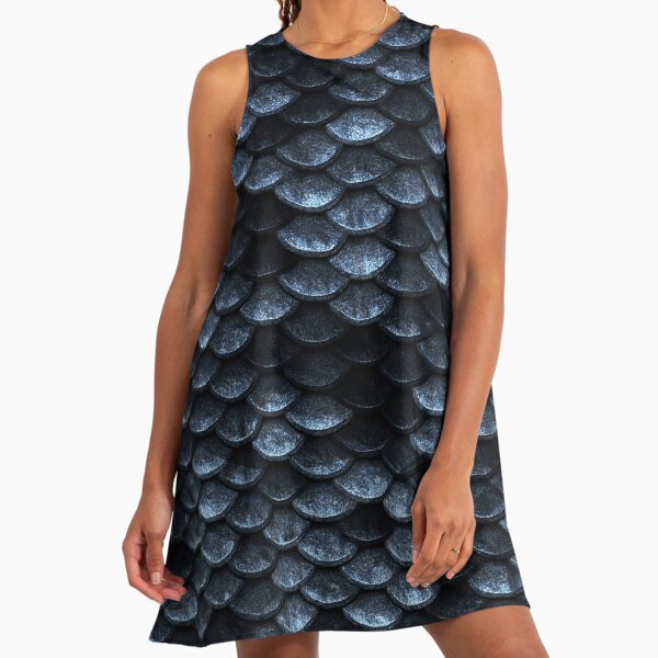 Mermaid Fish Scales Deep Shade of Blues Mermaid A-Line Dress
