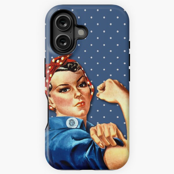 Vista previa del artículo con la obra «Rosie the Riveter - Patrón de lunares blancos sobre azul Editar», diseñado y vendido por Shop Your Aesthetic.