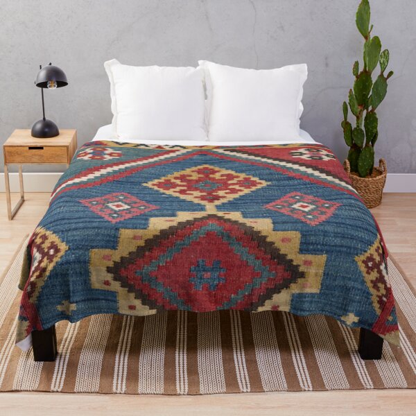 Item preview, Vintage Woven Kilim // 19th Century Colorful Royal Blue Yellow Authentic Classic Ornate Accent Rug designed and sold by vintagepatterns.