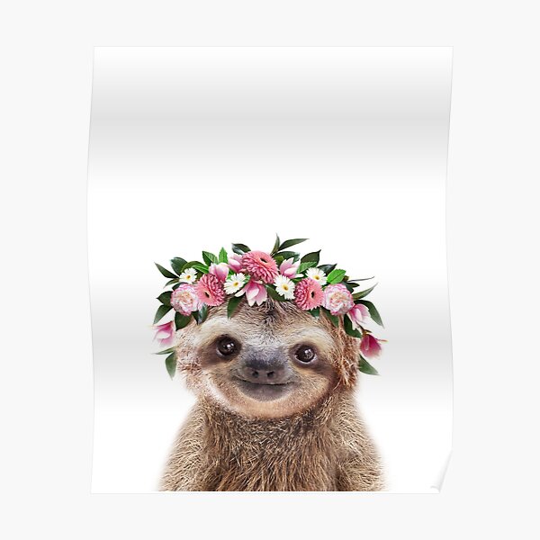 Baby Sloth With Flower Crown, Baby Animals Art Print by Synplus Poster