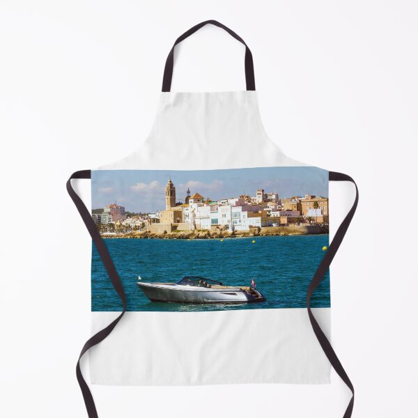 Item preview, Power boat anchored with Sitjes old town in the background, Catalonia, Spain designed and sold by Kevin Hellon.