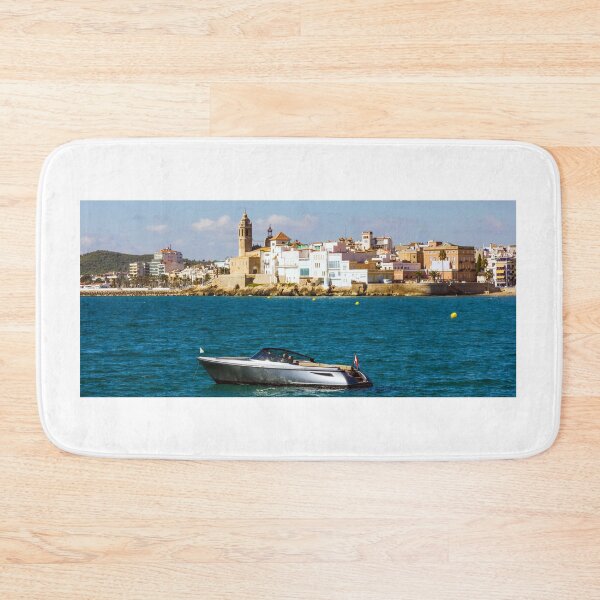 Item preview, Power boat anchored with Sitjes old town in the background, Catalonia, Spain designed and sold by Kevin Hellon.