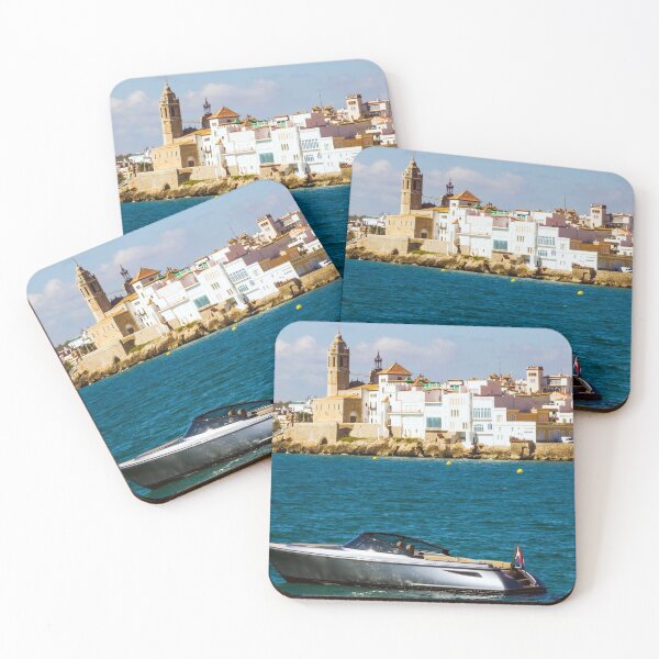 Item preview, Power boat anchored with Sitjes old town in the background, Catalonia, Spain designed and sold by Kevin Hellon.
