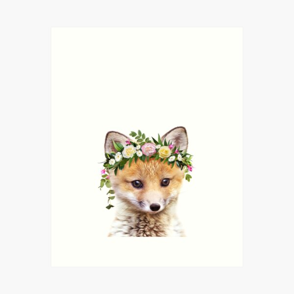 Baby Fox With Flower Crown, Baby Animals Art Print by Synplus Art Print