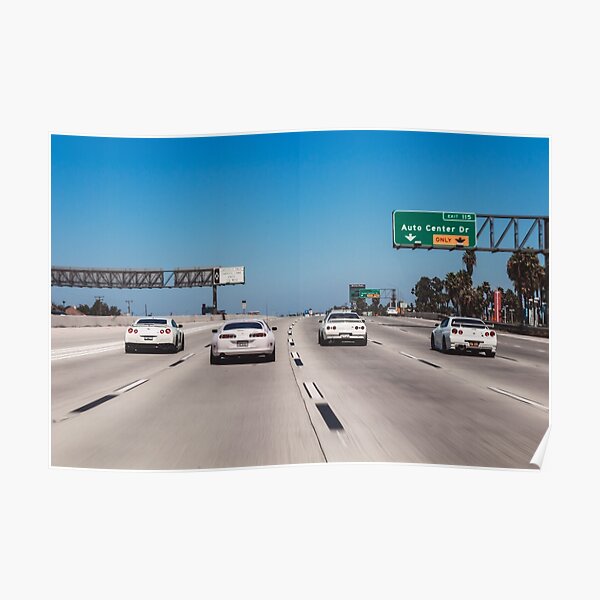 Rollers of an R34 GTR Skyline, R32 GTR Skyline, Toyota Supra, and a R35 GTR on the freeway Poster