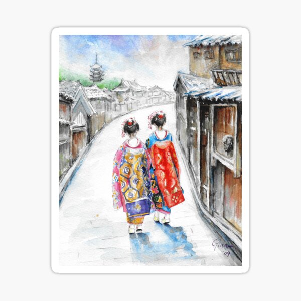 Japanese Maiko Kyoto Japan Watercolor by Gina Just Japan Sticker