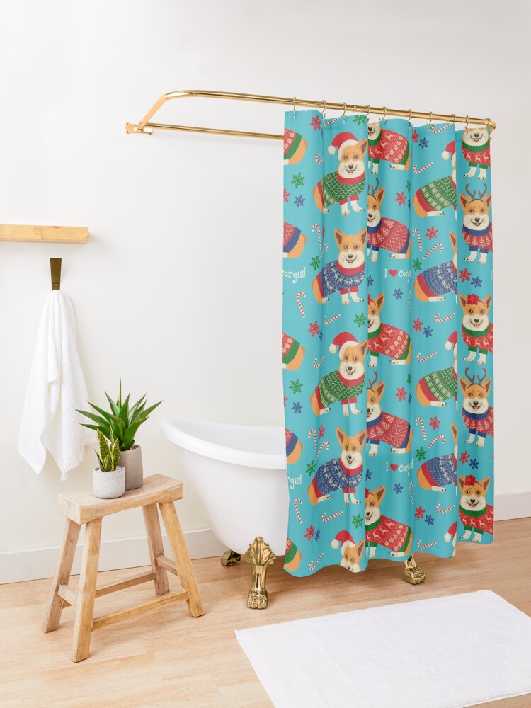 Alternate view of Merry Corgmess Teal Shower Curtain