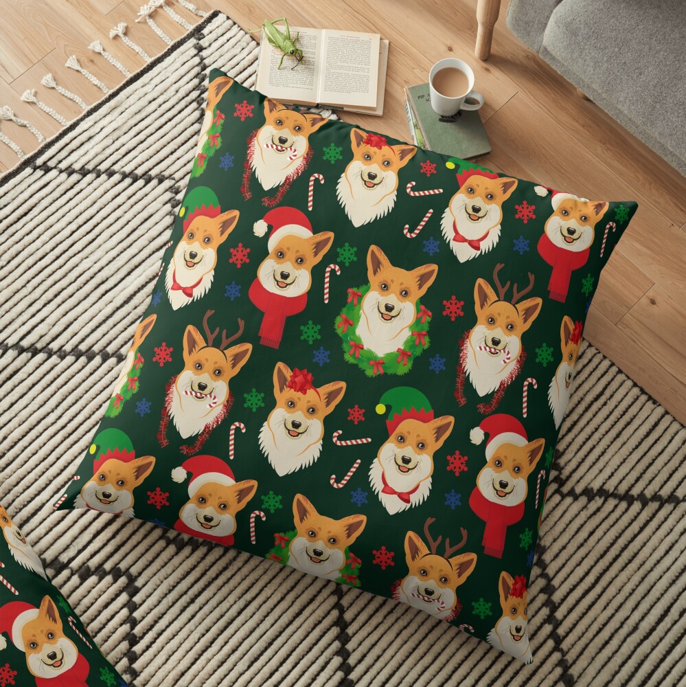 Merry Corgmess - dark green Floor Pillow