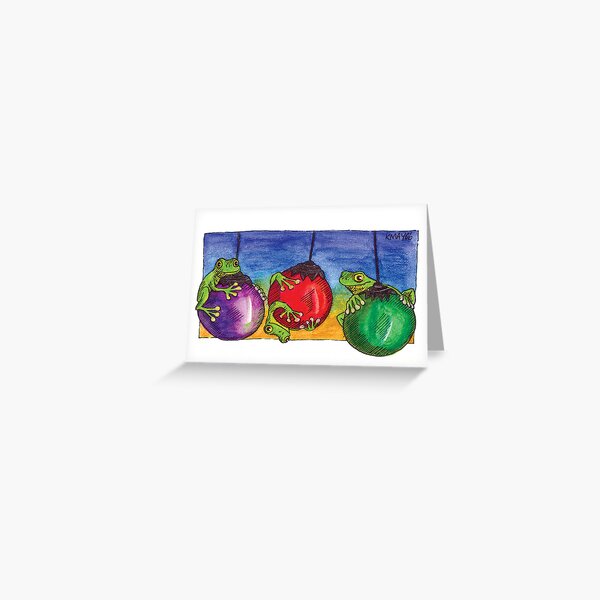 kmay xmas frogs on baubles Greeting Card