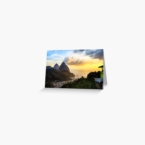 Piton Sunset: Soufrière Bay Panorama, St. Lucia Greeting Card