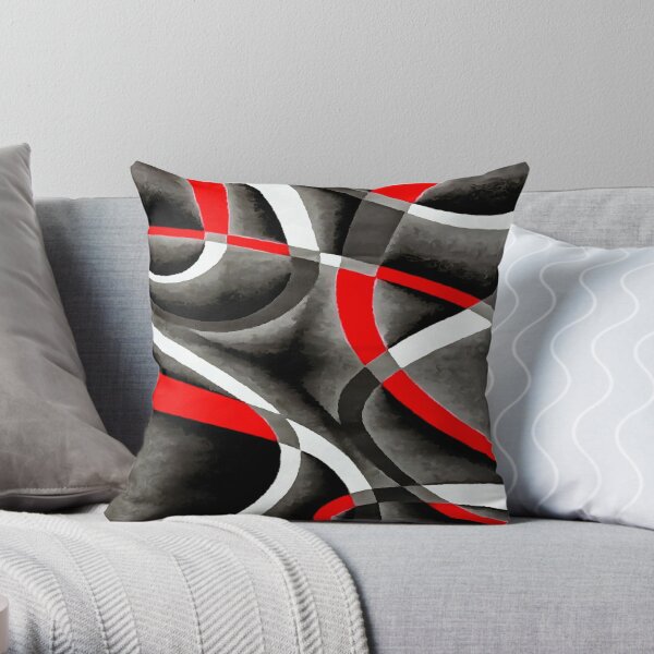 Eighties Red White Grey Line Curve Pattern On Black Throw Pillow