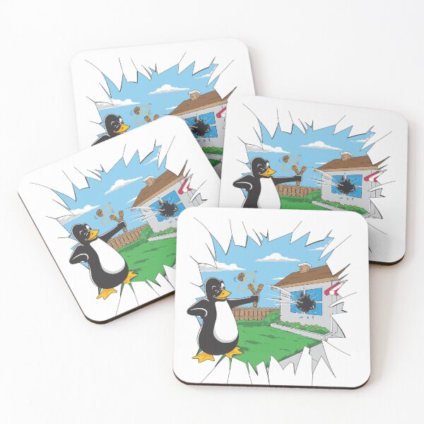 Item preview, Linux mascot Tux Penguin uses a slingshot to smash a window with an apple designed and sold by electronicflame.