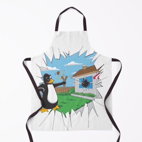 Item preview, Linux mascot Tux Penguin uses a slingshot to smash a window with an apple designed and sold by electronicflame.