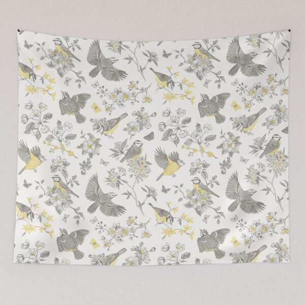 Item preview, Grey Yellow Bird Toile de Jouy Inspired Vintage Design  designed and sold by janesbotanics.