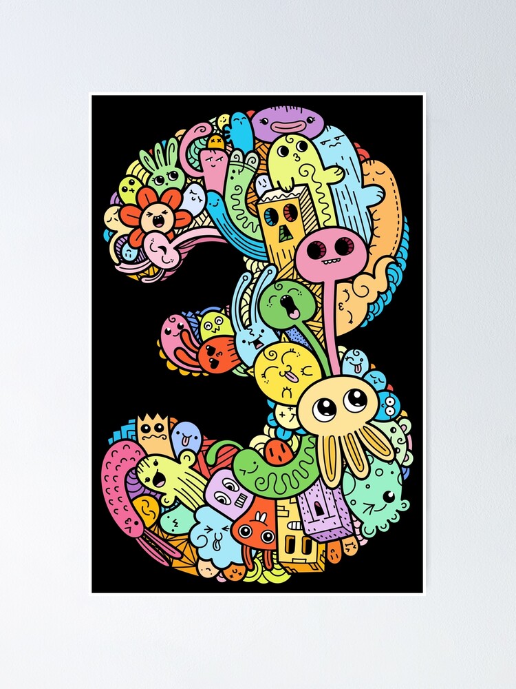 Number three Funny and Colorful Cute Monster Creatures Poster