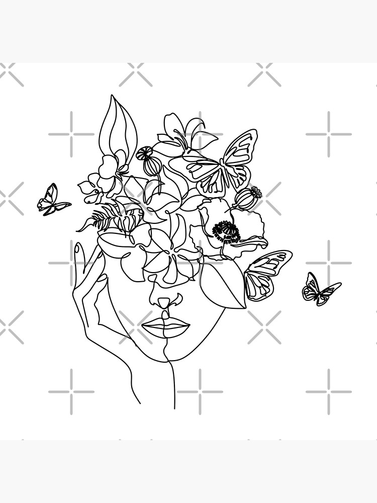 Abstract face with flowers by line art drawing. Portrait