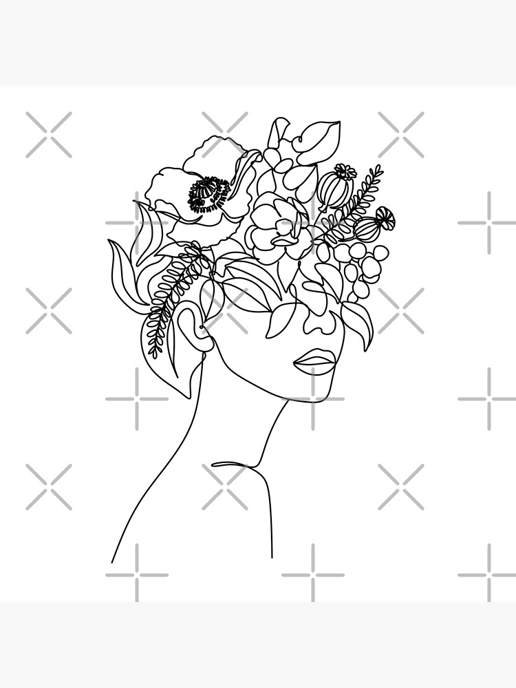 Beauty Woman Face In Leaves Line Art Drawing Set. Woman Head with Flowers  One Line Drawing Prints. Elegant Female Sketch Poster with Minimalist Girl  Portrait Illustration Print. Vector EPS 10 Stock Vector