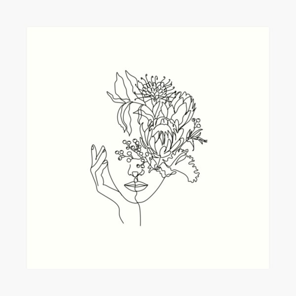 Woman with flowers by line art drawing. Portrait minimalistic style. Botanical print. Flower head. Art Print