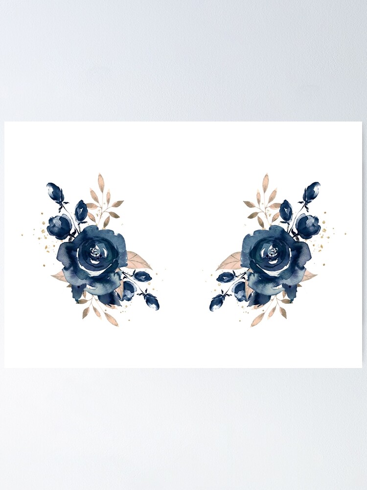 Navy Blue Watercolor Flower Poster By Pinklotusart Redbubble