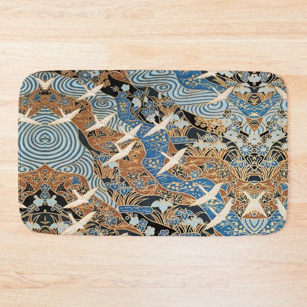 Item preview, FLYING WHITE CRANES ON BLUE WATER AND SPRING FLOWERS  Antique Japanese Floral designed and sold by BulganLumini.