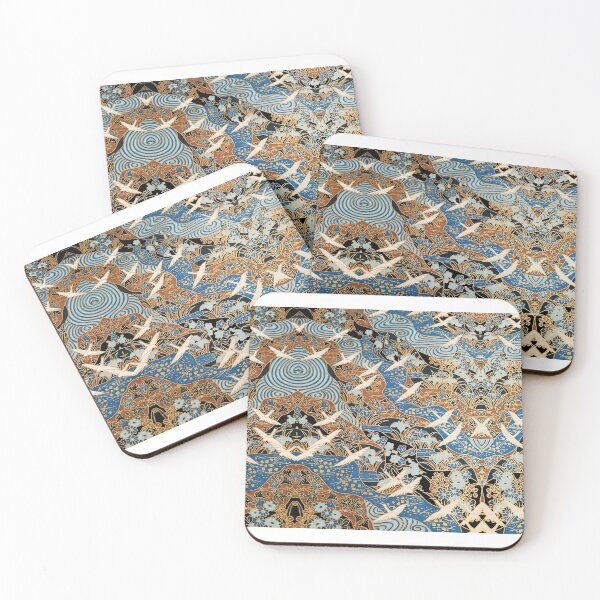 Item preview, FLYING WHITE CRANES ON BLUE WATER AND SPRING FLOWERS  Antique Japanese Floral designed and sold by BulganLumini.