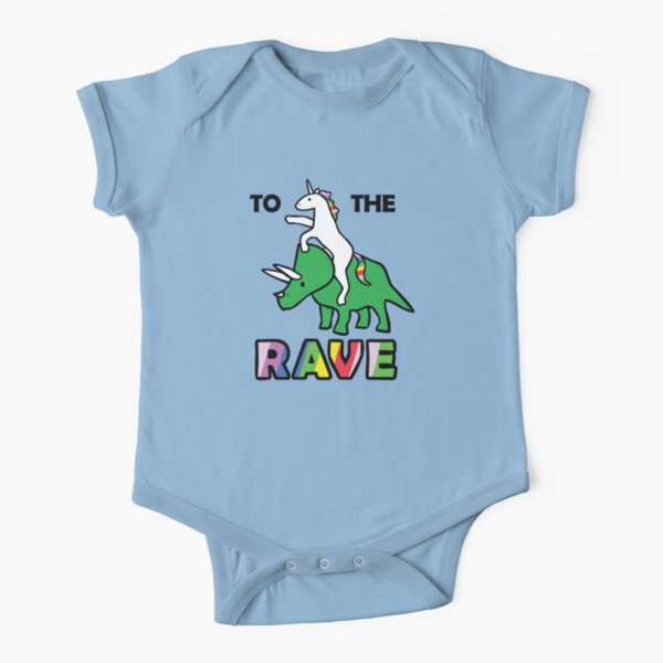 To The Rave! (Unicorn Riding Triceratops) Short Sleeve Baby One-Piece