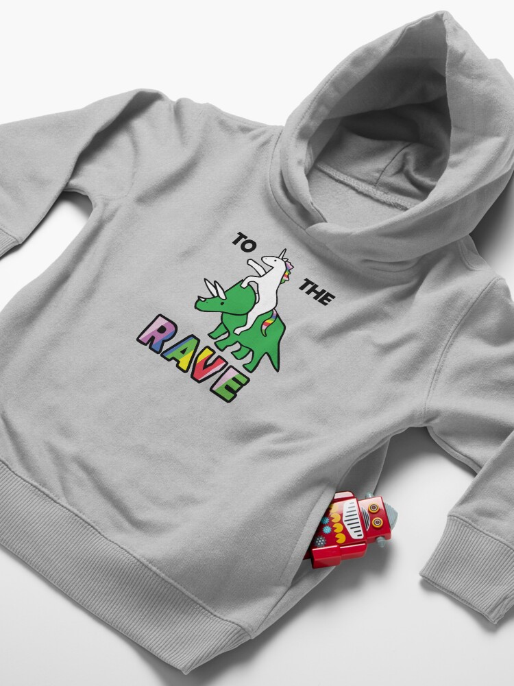 Alternate view of To The Rave! (Unicorn Riding Triceratops) Toddler Pullover Hoodie