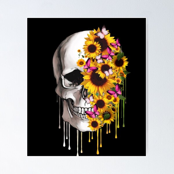 Item preview, Skull human anatomy floral, skeleton watercolor orange pink sunflowers,mask cool, funny,cute, designed and sold by Collagedream.