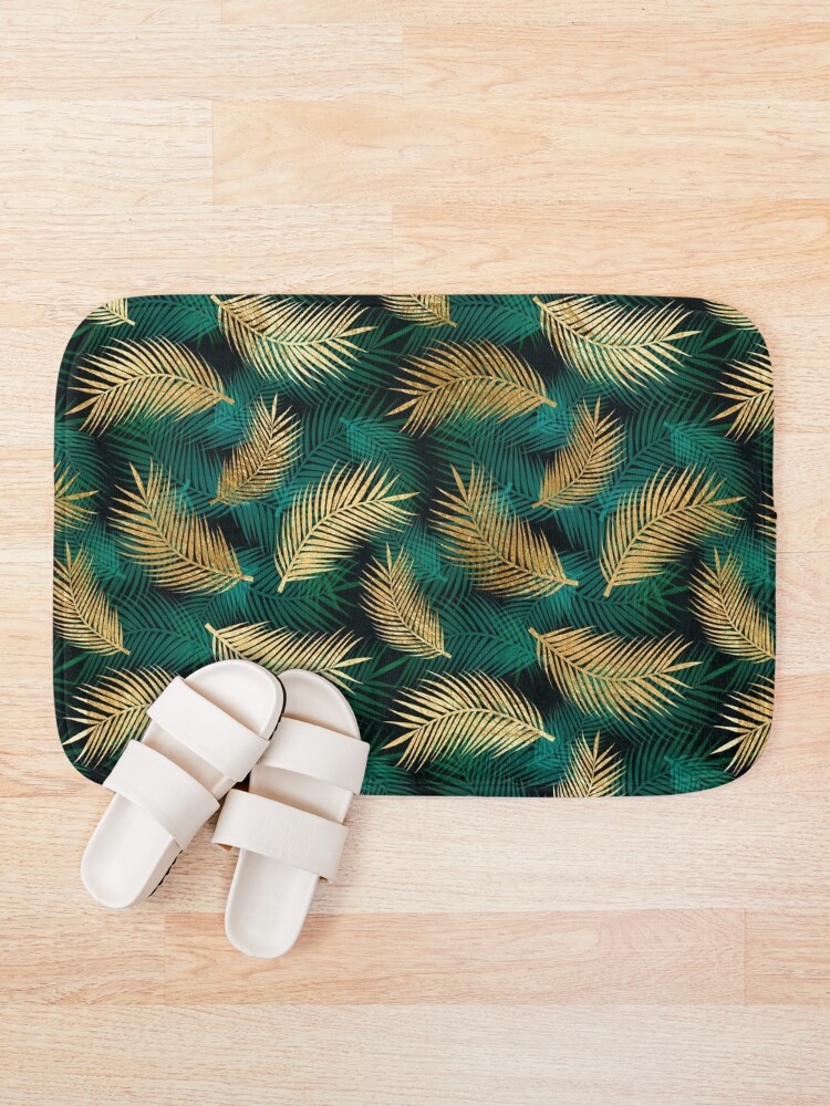 "Tropical Palm Leaves in Green and Gold " Bath Mat by WisdomInspired