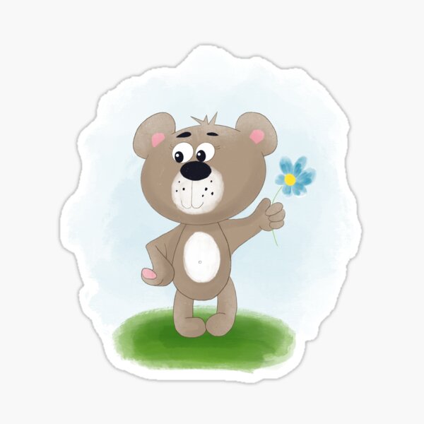 Cute Cartoon Teddy Bear  with a blue flower  Sticker