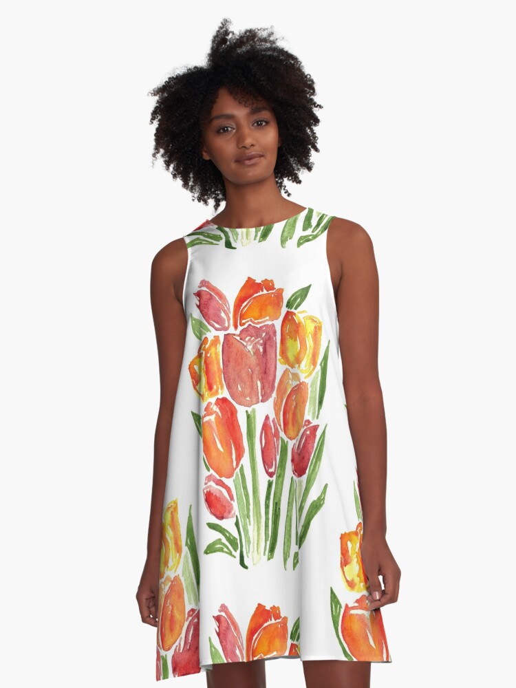 Orange Watercolor Tulips | A-Line Dress