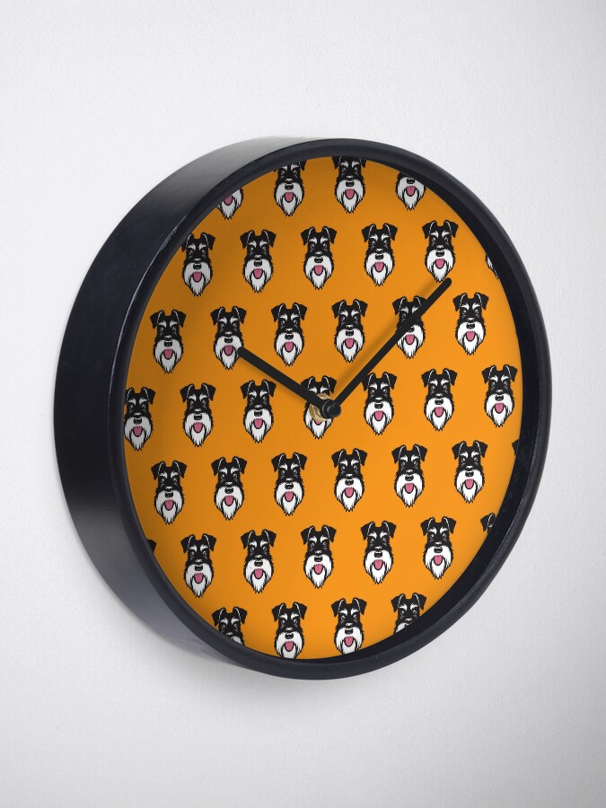 Thumbnail 2 of 4, Clock, Silver & Black schnauzer pattern on orange background designed and sold by Buzby Bluebeard.