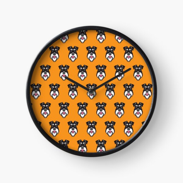 Silver & Black schnauzer pattern on orange background Clock
