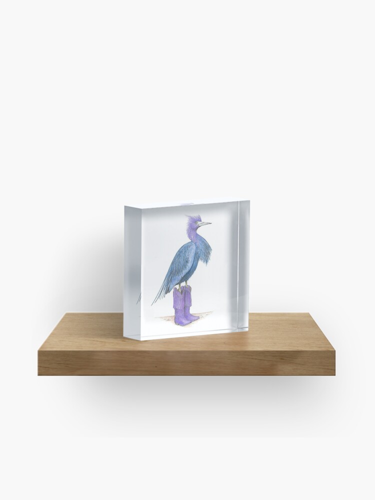 Acrylic Block, Little blue heron in cowgirl boots designed and sold by JimsBirds