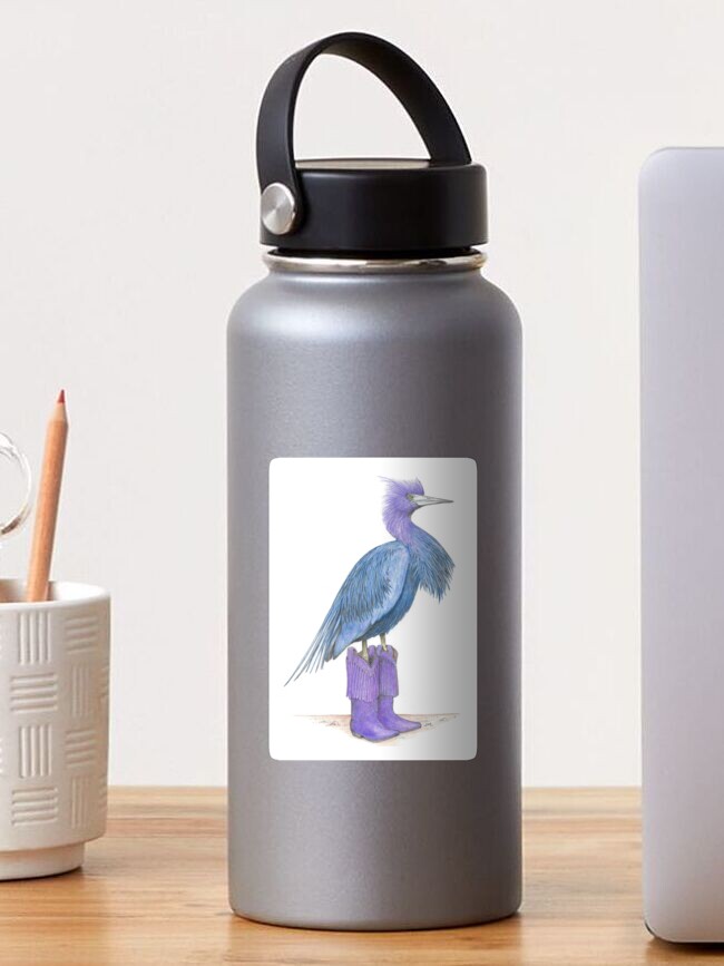 Thumbnail 1 of 3, Sticker, Little blue heron in cowgirl boots designed and sold by JimsBirds.