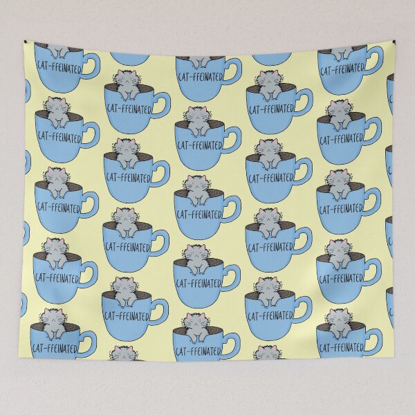 Item preview, Cat-ffeinated - Cute gray cat in blue mug designed and sold by Artbyacat.