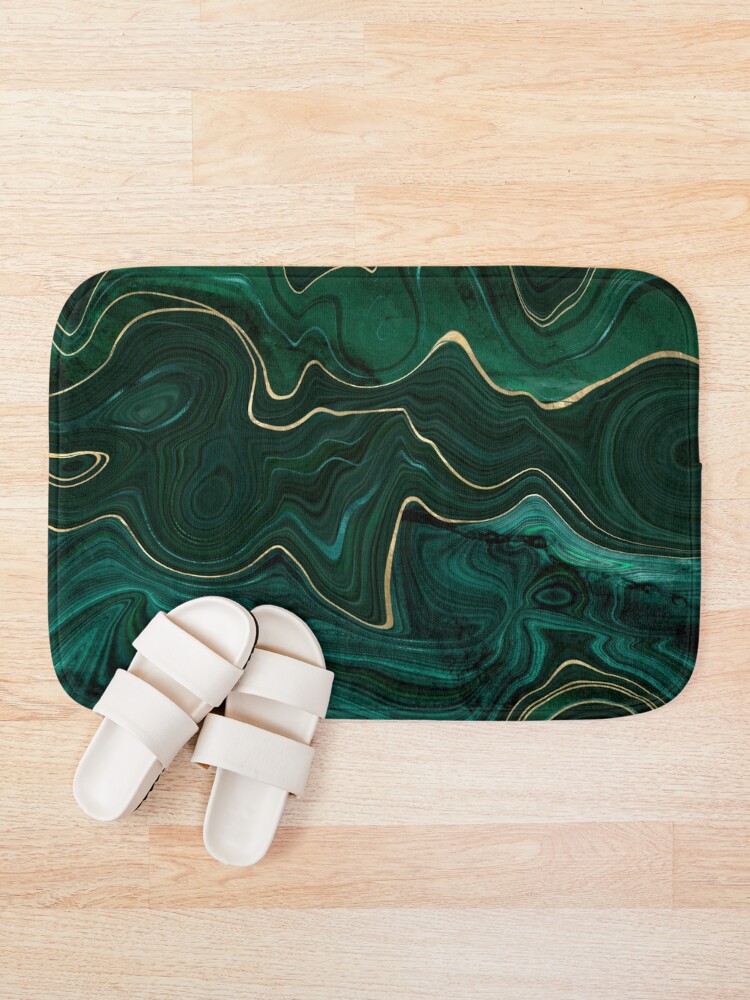"Emerald Green and Gold Malachite Pattern" Bath Mat for Sale by