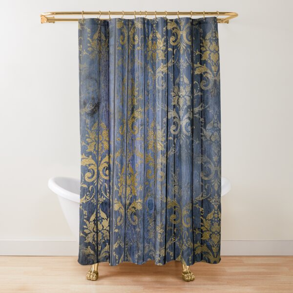 Navy Blue Faux Wood With A Gold Grunge Damask Overlay Shower Curtain