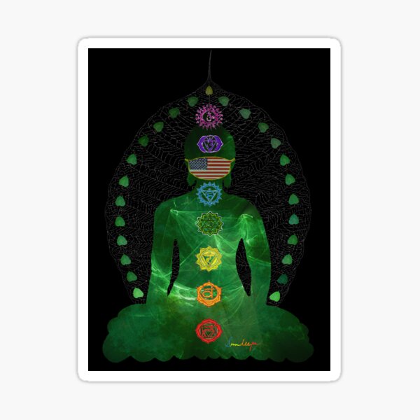 Green Foliage Chakra Buddha over Black Sticker