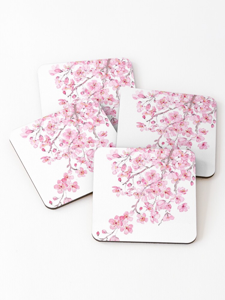 Thumbnail 1 of 5, Coasters (Set of 4), hand painted hand painted pink cherry blossom watercolor 2020 designed and sold by ColorandColor.