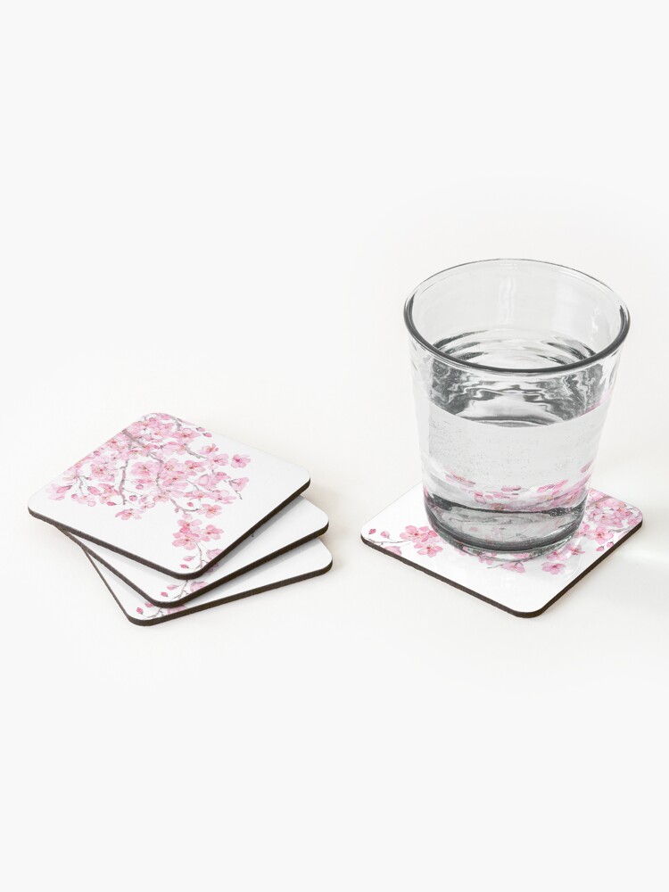 Thumbnail 2 of 5, Coasters (Set of 4), hand painted hand painted pink cherry blossom watercolor 2020 designed and sold by ColorandColor.