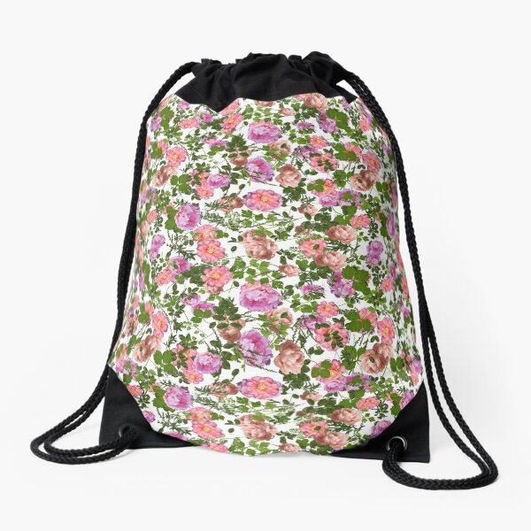 Pink peonies and foliage Drawstring Bag