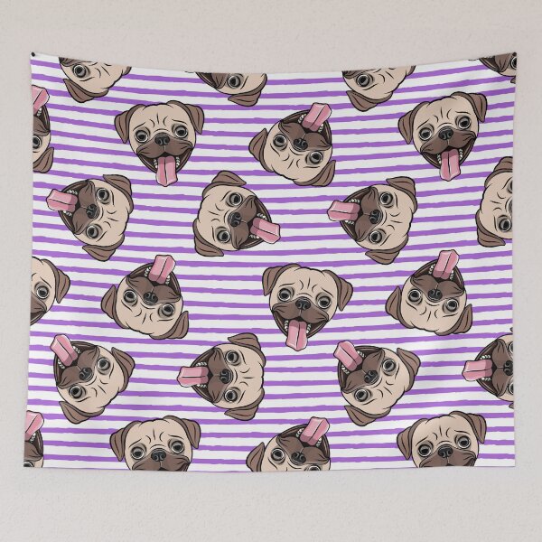 Item preview, Happy Pugs on purple stripes designed and sold by littlearrow.